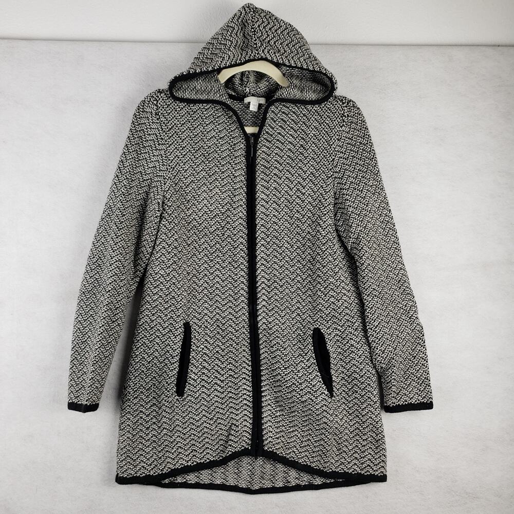 J. Jill Women's XS Petite Hooded Longline Tunic Sweater Black Gray Herringbone‎